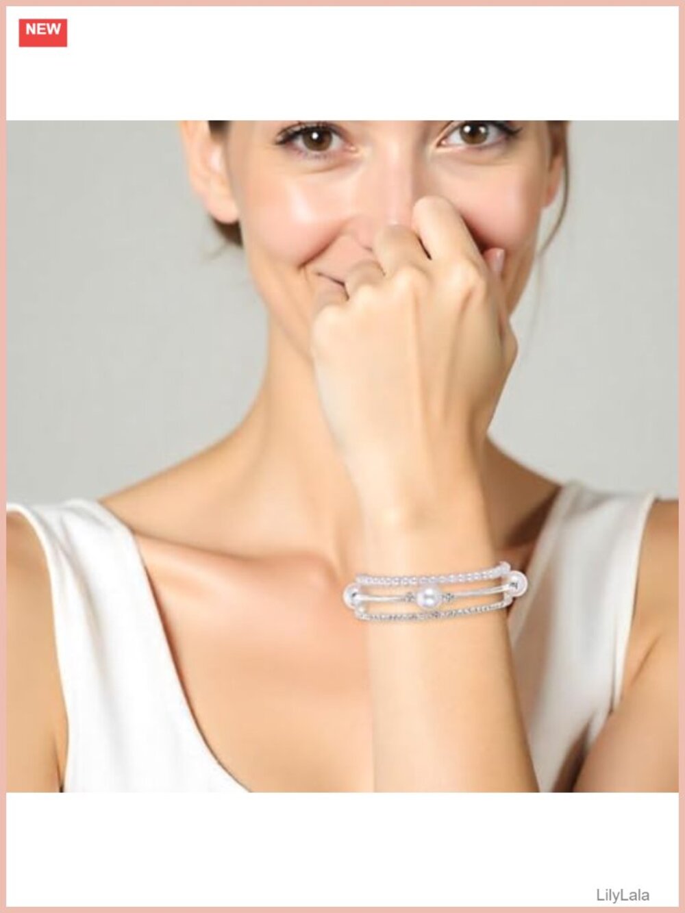 Silver Stretch Pearl Bracelet Stackable Rhinestone Layered Set - Picture 5 of 6